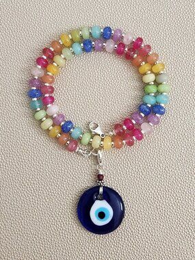 KALEIDOSCOPE MULTI-COLOR JADE NECKLACE W/ EYE PENDANT--18"